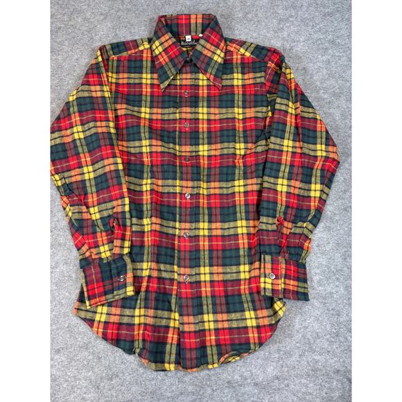 VTG 90s Marshall Field Company Flannel Plaid Button Up Shirt Mens M Green Yellow - Picture 1 of 8